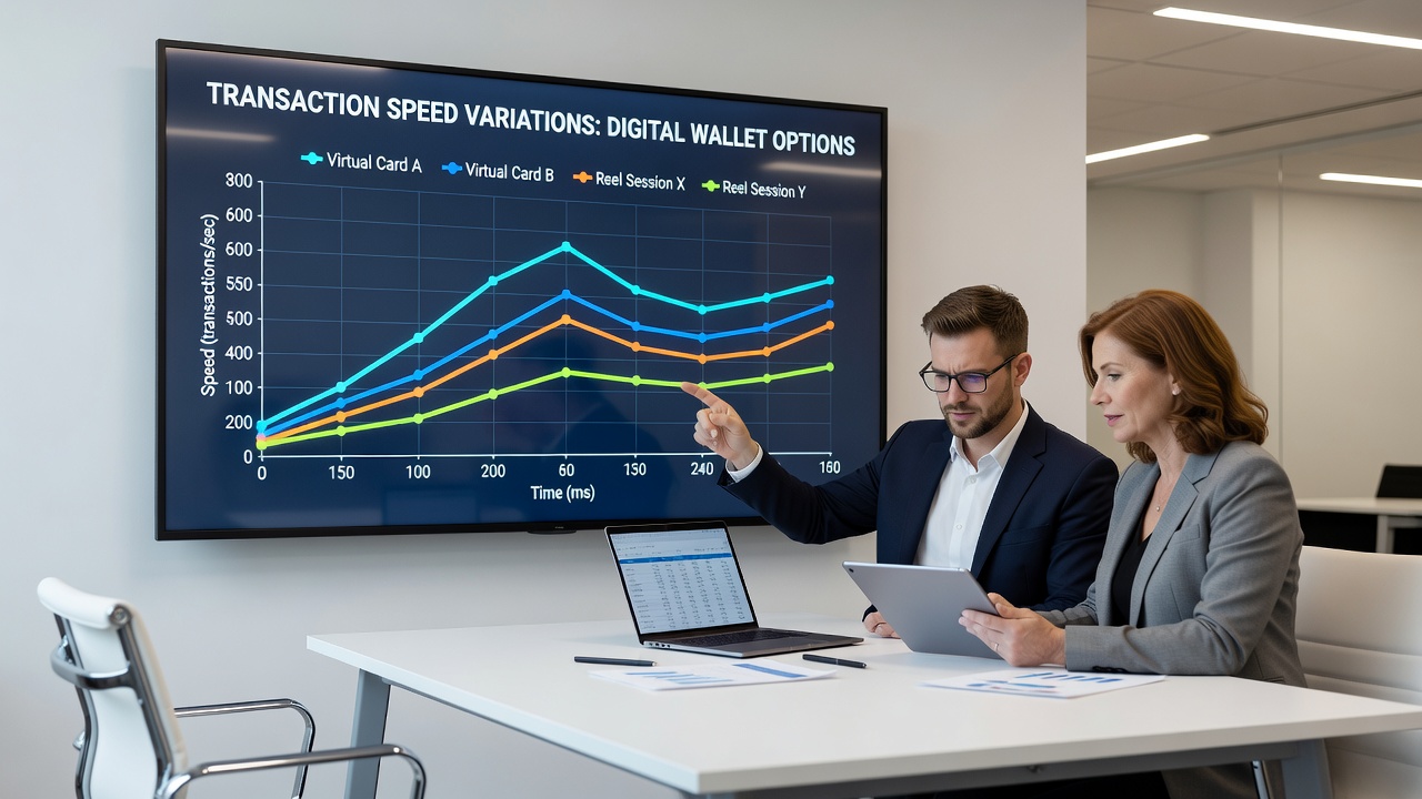 Comparison charts showing transaction completion times for various digital wallets in virtual card versus reel session environments